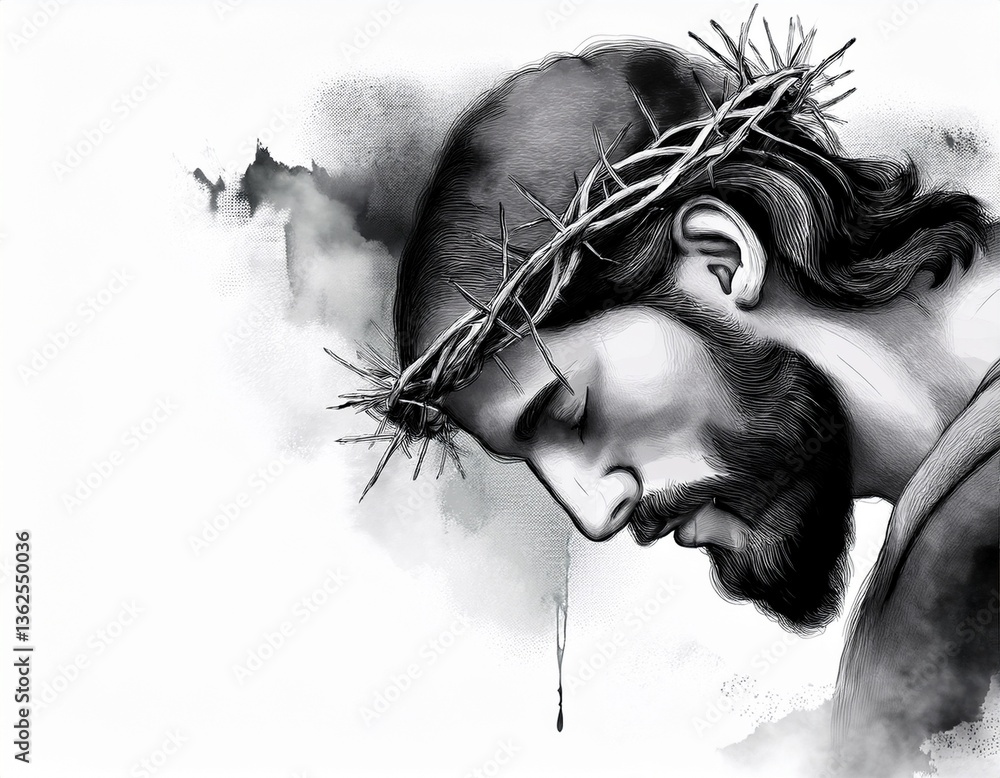 Fototapeta premium Retrato de Jesucristo con corona de espinas sobre fondo blanco.