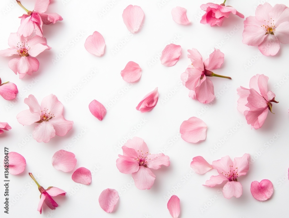 Minimalist composition of falling pink sakura petals for design and decoration Minimalist composition of falling pink sakura petals for design and decoration