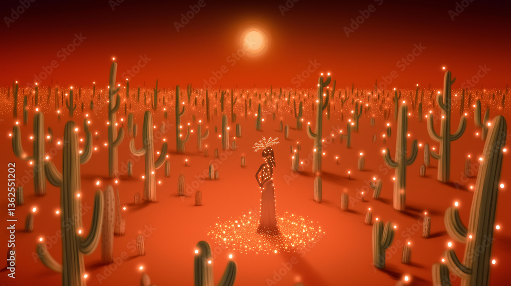 Festive Cactus with Lights in Desert