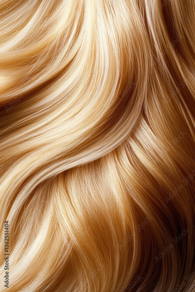 Naklejka premium Closeup of shiny smooth golden blonde hair texture with soft waves and natural highlights in macro detail view