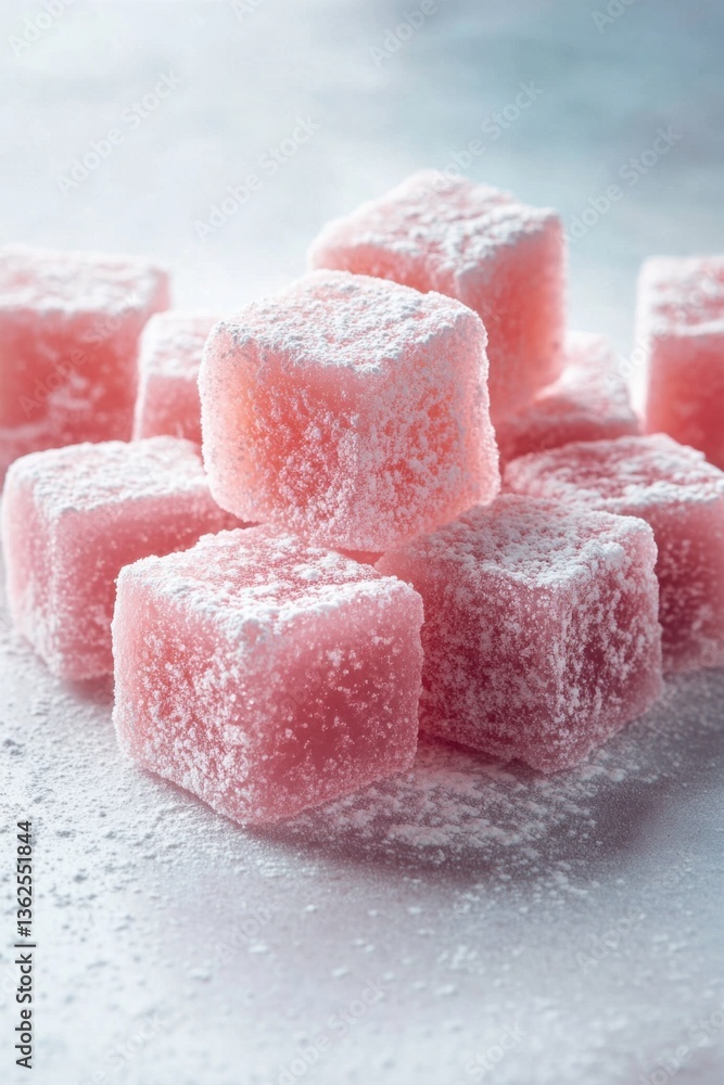 Soft pink Turkish delight cubes dusted with powdered sugar on light background in high-resolution studio photo Soft pink Turkish delight cubes dusted with powdered sugar on light background in high-resolution studio photo