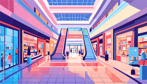 Modern large empty shopping mall with escalators and a pink and blue color scheme. vector illustration