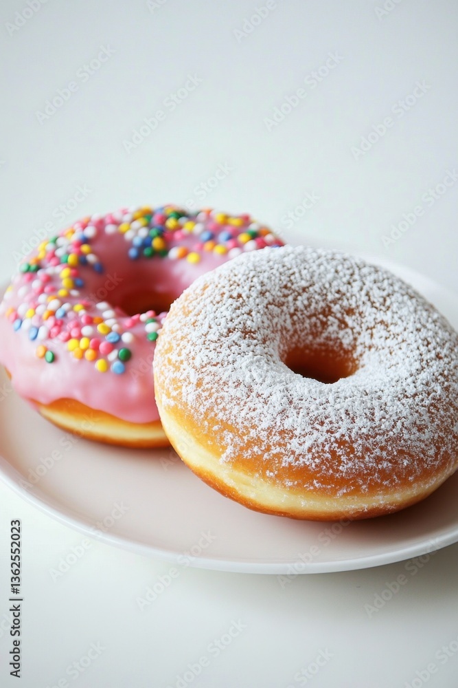 Two fresh donuts with sugar and glaze on white plate in soft light minimal style on white background Two fresh donuts with sugar and glaze on white plate in soft light minimal style on white background