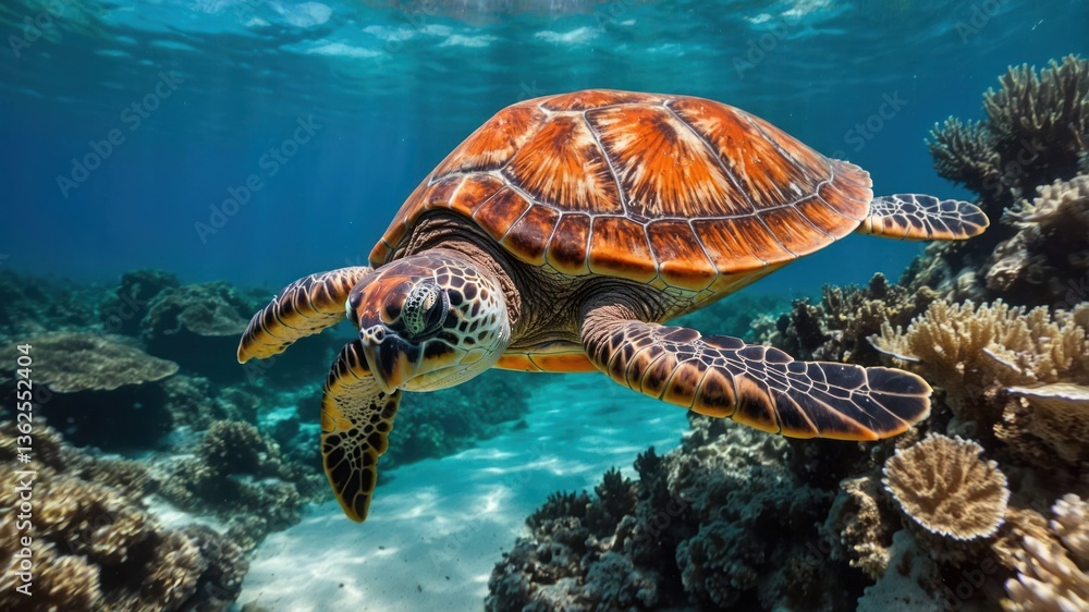 Obraz premium A sea turtle swims gracefully through a vibrant coral reef underwater.