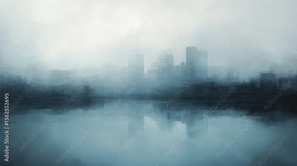Foggy city skyline reflected in calm water, apocalyptic mood, film backdrop Foggy city skyline reflected in calm water, apocalyptic mood, film backdrop