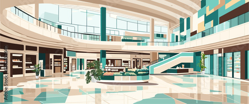 Large modern empty shopping mall interior with a lot of boutiques, stores. Vector colorful illustration