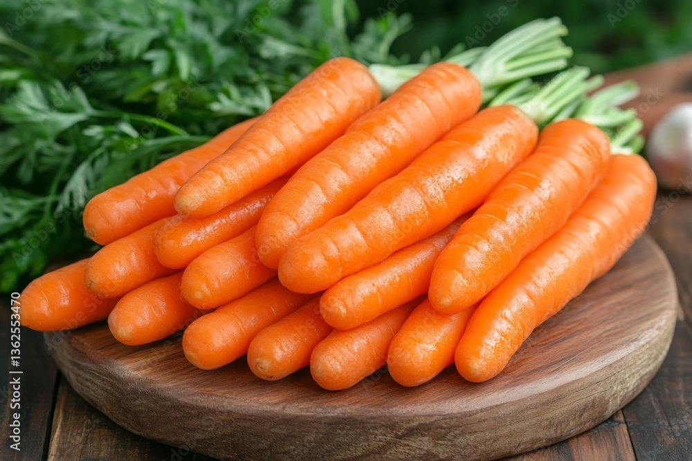 Freshly harvested carrots displayed on a wooden cutting board with green leaves in the background for a rustic look Freshly harvested carrots displayed on a wooden cutting board with green leaves in the background for a rustic look