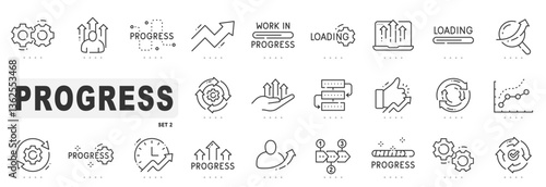 Set of progress related line icons. Process, loading, upgrade etc. Editable stroke. Set 2