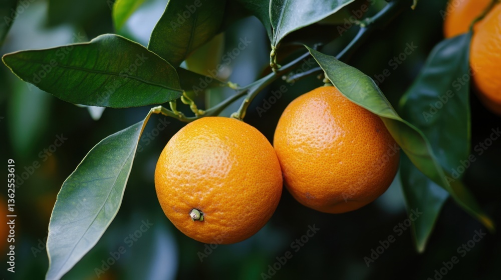 Two ripe oranges hanging on tree branch with green leaves, fresh natural fruit in garden closeup view Two ripe oranges hanging on tree branch with green leaves, fresh natural fruit in garden closeup view