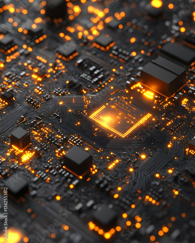 Glowing microchip on a dark circuit board, bright orange signals