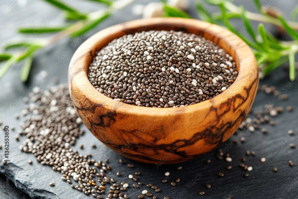 Close-up view of chia seeds in a wooden bowl on a dark stone surface with a sprig of rosemary in the background Close-up view of chia seeds in a wooden bowl on a dark stone surface with a sprig of rosemary in the background