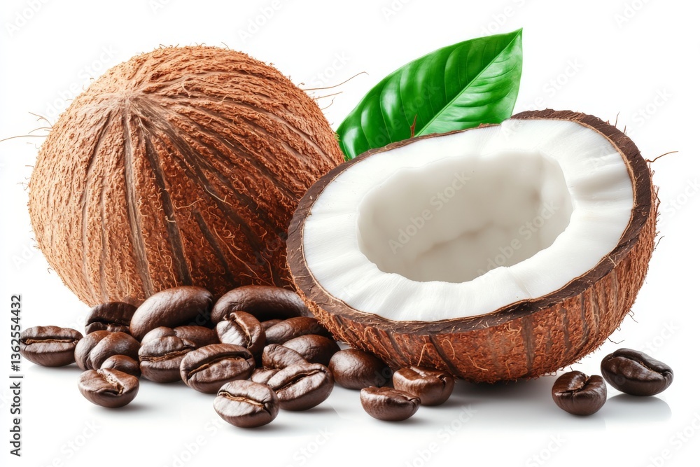 Discovering the natural beauty of coconut and coffee beans in a fresh arrangement Discovering the natural beauty of coconut and coffee beans in a fresh arrangement