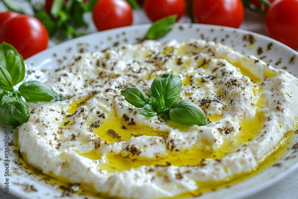 Creamy ricotta dish garnished with olive oil, fresh basil, and spices on a rustic table with cherry tomatoes Creamy ricotta dish garnished with olive oil, fresh basil, and spices on a rustic table with cherry tomatoes