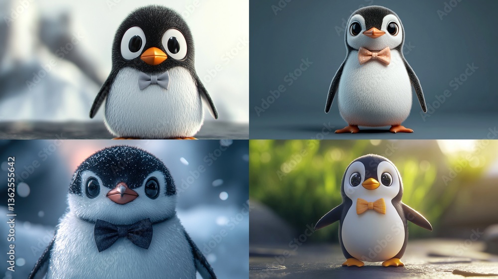 Fototapeta premium Four adorable cartoon penguins in different settings.