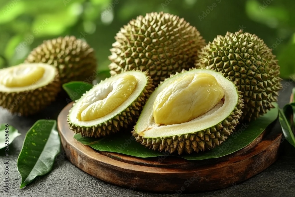 Fresh durians sliced open on a wooden platter with green leaves in the background Fresh durians sliced open on a wooden platter with green leaves in the background