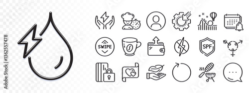 Safe energy, Headshot and Hydroelectricity line icons for web app. Glare of light effect. Message icon. Pack of Notification, Wallet, Chef pictogram icons. Vector