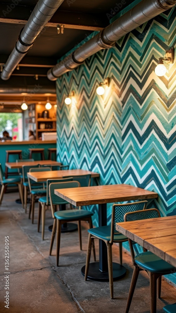 Fototapeta premium Empty urban cafe with chevron pattern walls and modern seating
