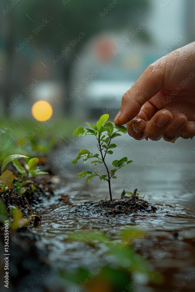 A hand nurturing a small plant in rain-soaked soil, symbolizing growth and resilience in an urban environment. A hand nurturing a small plant in rain-soaked soil, symbolizing growth and resilience in an urban environment.