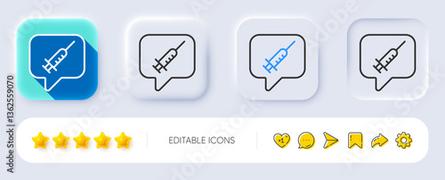 Vaccine message line icon. Neumorphic, Flat shadow, 3d buttons. Vaccination syringe sign. Jab symbol. Line vaccine message icon. Social media icons. Vector