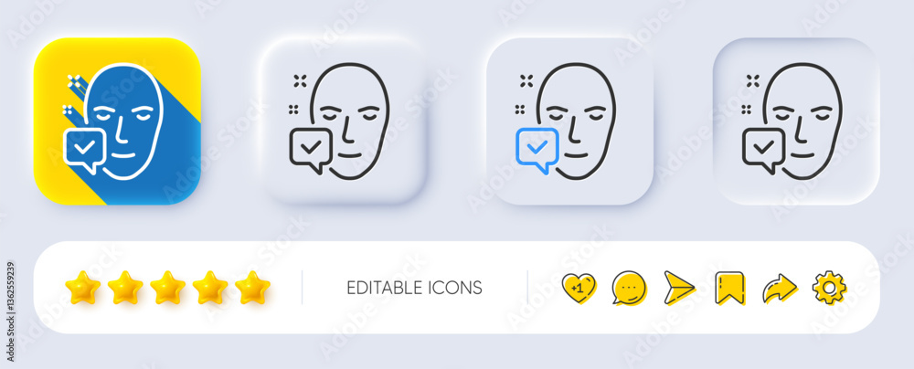 Fototapeta premium Face accepted line icon. Neumorphic, Flat shadow, 3d buttons. Access granted sign. Facial identification success symbol. Line face accepted icon. Social media icons. Vector