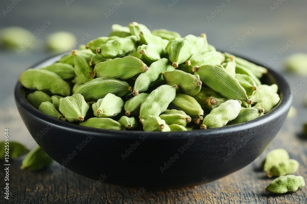 Freshly harvested green cardamom pods displayed in a black bowl on a wooden surface Freshly harvested green cardamom pods displayed in a black bowl on a wooden surface