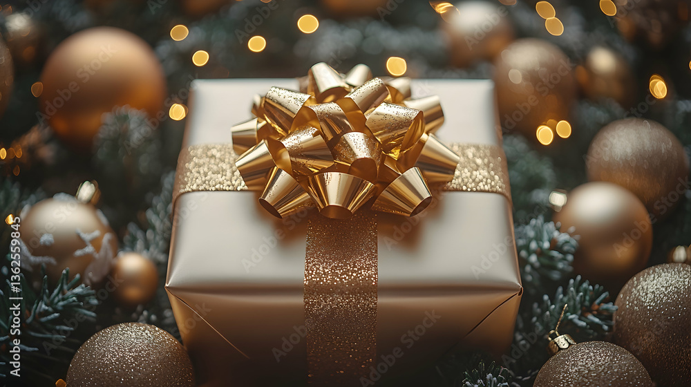 Gold gift box with a bow on evergreen branches and lights Gold gift box with a bow on evergreen branches and lights
