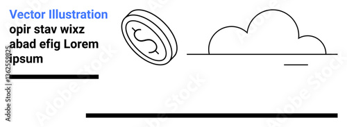 Coin in motion next to a cloud with horizontal black lines in a clean minimalist style. Ideal for finance, savings, investment, fintech, progress, minimalism, simple landing page