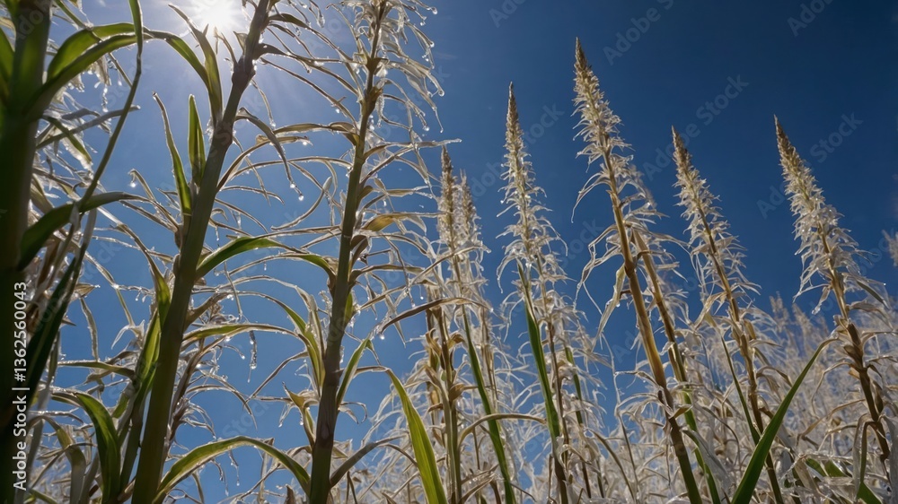 Obraz premium Tall grass-like plants glisten under sunlight against a clear blue sky.