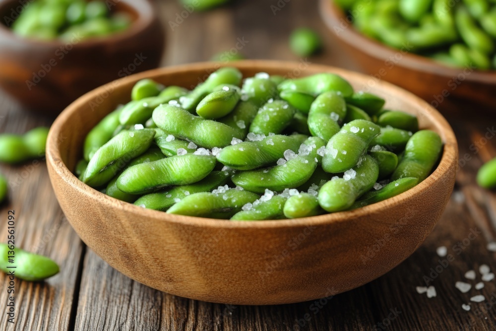 Fresh green edamame served in a wooden bowl with sea salt during a casual dining experience Fresh green edamame served in a wooden bowl with sea salt during a casual dining experience