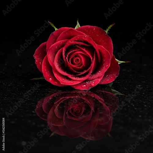 Wallpaper Mural Perfect Reflection: Red Rose and Water Droplets on Polished Obsidian Surface Torontodigital.ca