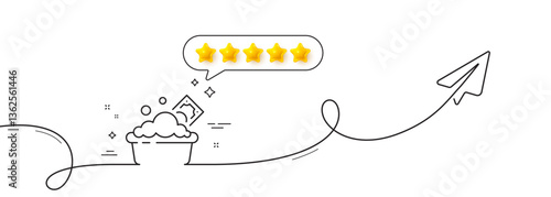 Launder money line icon. Continuous line with share plane. Cash corruption sign. Tax avoidance symbol. Five star rate review in speech bubble. Launder money single line ribbon. Vector