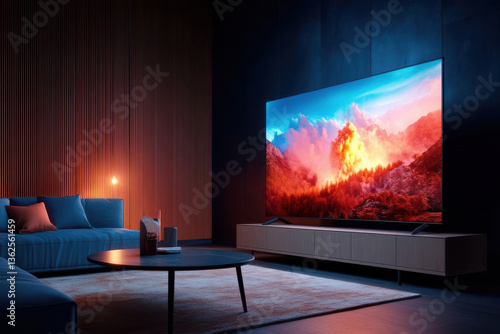 Modern living room with large led tv displaying vibrant scenic landscape