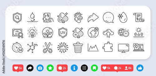 Cloud upload, Chemical formula and Coronavirus pills line icons pack. Social media: share, comment, like icons. Time management, Quarantine, Computer web icon. Vector