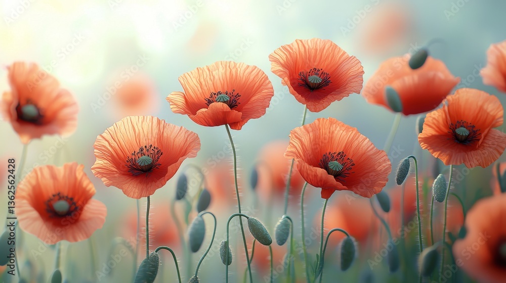 Obraz premium Delicate orange poppies dance in the soft light, evoking a sense of peace