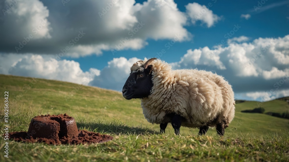 Fototapeta premium A sheep stands beside a mound of soil under a cloudy sky in a green field.