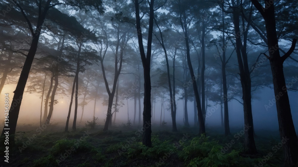 A misty forest at dawn, with trees shrouded in fog and soft light filtering through. A misty forest at dawn, with trees shrouded in fog and soft light filtering through.