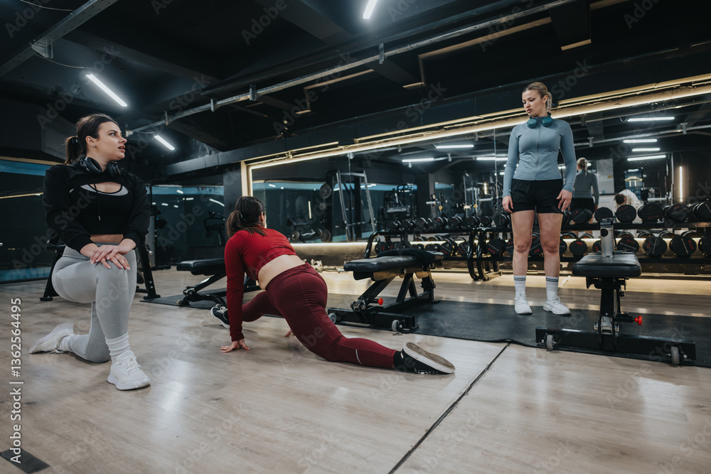 Three women working out collaboratively in a gym setting. Group fitness activities with exercises in a well-equipped indoor environment, emphasizing motivation and teamwork. Three women working out collaboratively in a gym setting. Group fitness activities with exercises in a well-equipped indoor environment, emphasizing motivation and teamwork.