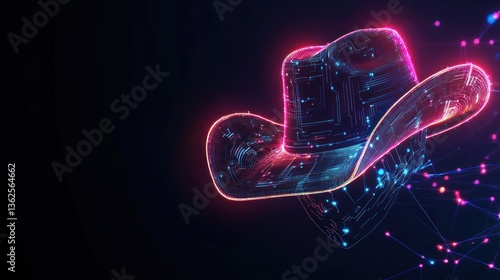 Neon Cowboy Hat Digital Art, Tech Background, Web Banner