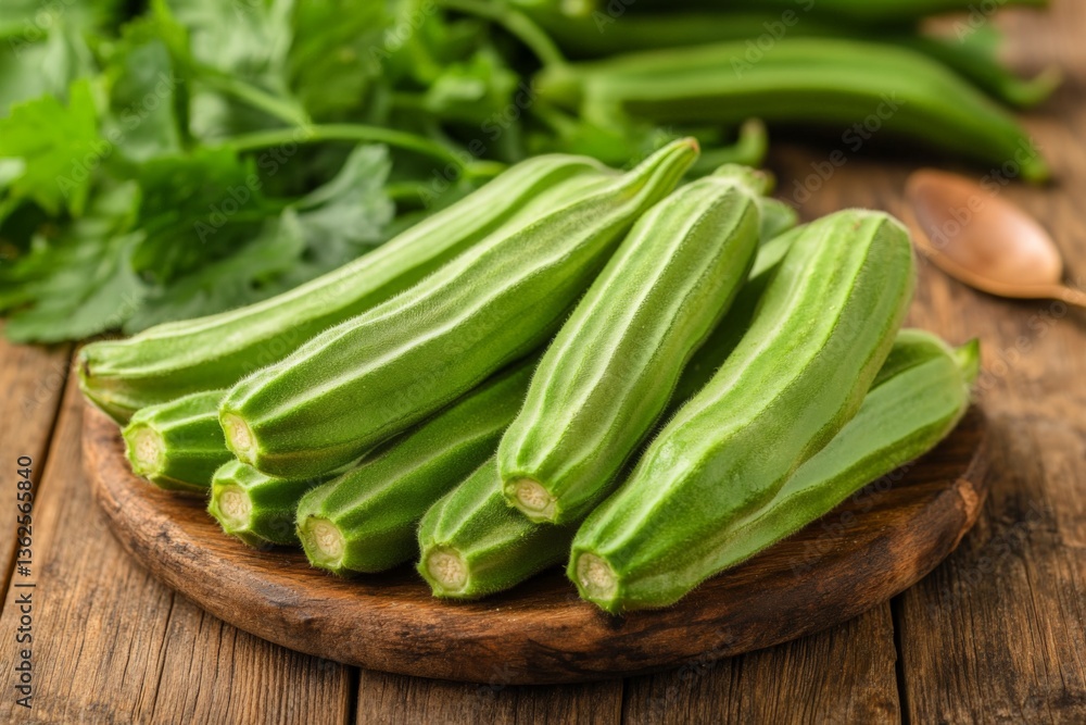 Fresh green okra placed on a wooden platter surrounded by cilantro leaves at a rustic kitchen table Fresh green okra placed on a wooden platter surrounded by cilantro leaves at a rustic kitchen table