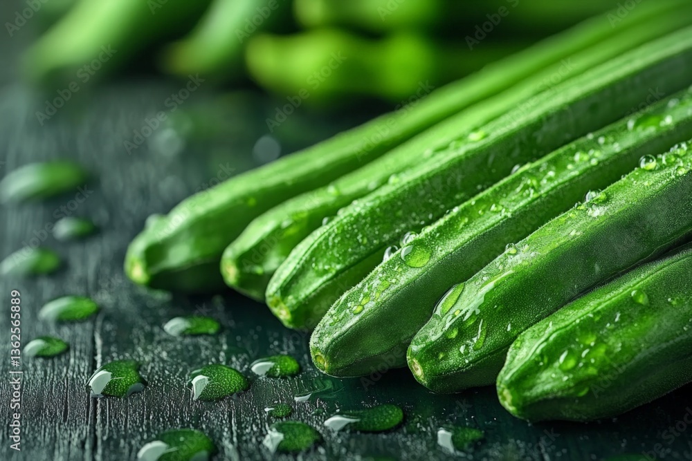 Fresh green cucumbers arranged on a dark wooden surface with water droplets visible on their skin Fresh green cucumbers arranged on a dark wooden surface with water droplets visible on their skin