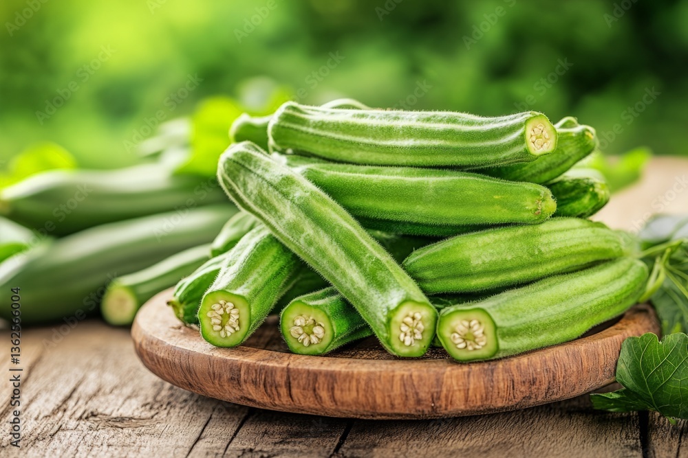 Fresh okra stacked on a wooden board with a green garden backdrop in bright daylight Fresh okra stacked on a wooden board with a green garden backdrop in bright daylight