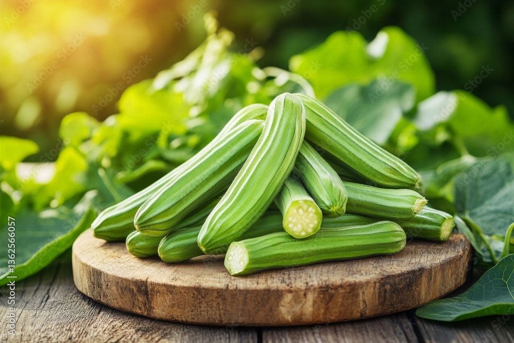 Freshly harvested green vegetables stacked on a wooden cutting board in a vibrant outdoor setting during golden hour Freshly harvested green vegetables stacked on a wooden cutting board in a vibrant outdoor setting during golden hour