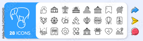 Amusement park line icons. Interest rate, AI generate, Inflation icons. Set of Carousel, Roller coaster and Circus icons. Air balloon, Crane claw machine and Fastpass symbols. Vector