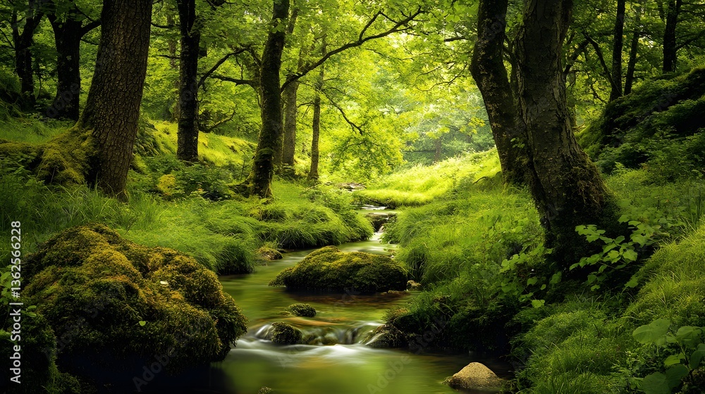 Fototapeta premium Lush green forest scene, serene stream flowing through vibrant foliage, peaceful nature setting perfect for relaxation or reflection.