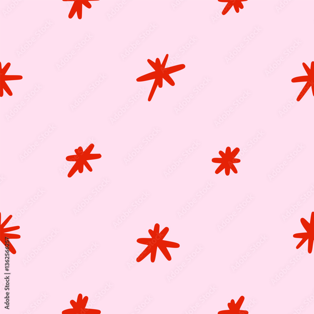 Vector simple spotted seamless pattern with asterisks. Pink background with red stars or stars in hand drawn style. Design for fabric, wallpaper, wrapping paper, cover, poster, invitation Vector simple spotted seamless pattern with asterisks. Pink background with red stars or stars in hand drawn style. Design for fabric, wallpaper, wrapping paper, cover, poster, invitation