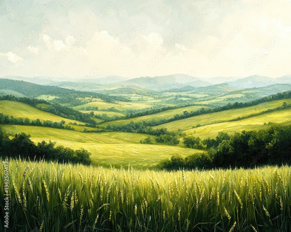 Obraz premium Serene countryside landscape with rolling hills and lush green fields under a bright sky