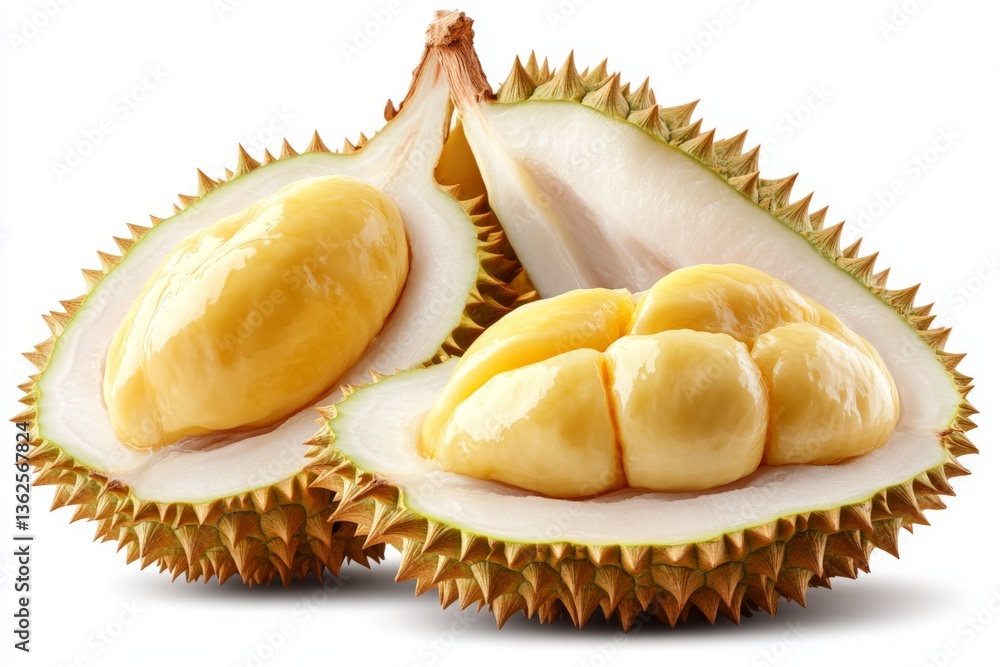 Fototapeta premium Fresh durian fruit cut open with creamy yellow flesh visible inside the spiky exterior