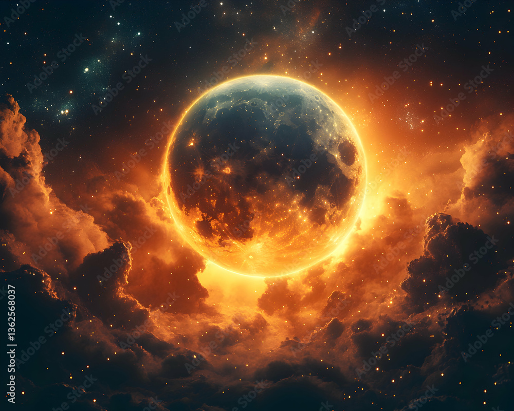 Fototapeta premium Glowing celestial sphere amidst clouds and starry background