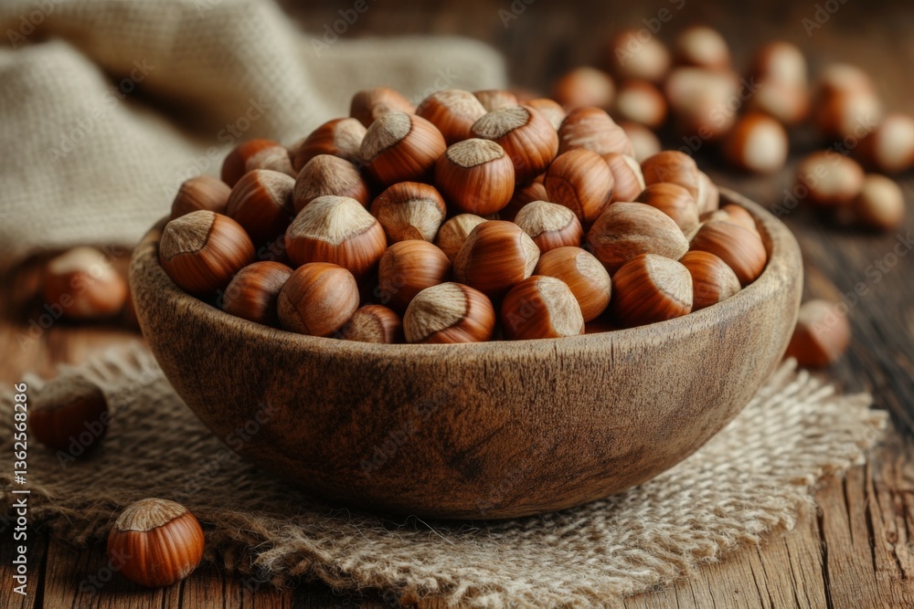 Hazelnuts arranged in a wooden bowl on a rustic table with burlap background during daylight Hazelnuts arranged in a wooden bowl on a rustic table with burlap background during daylight