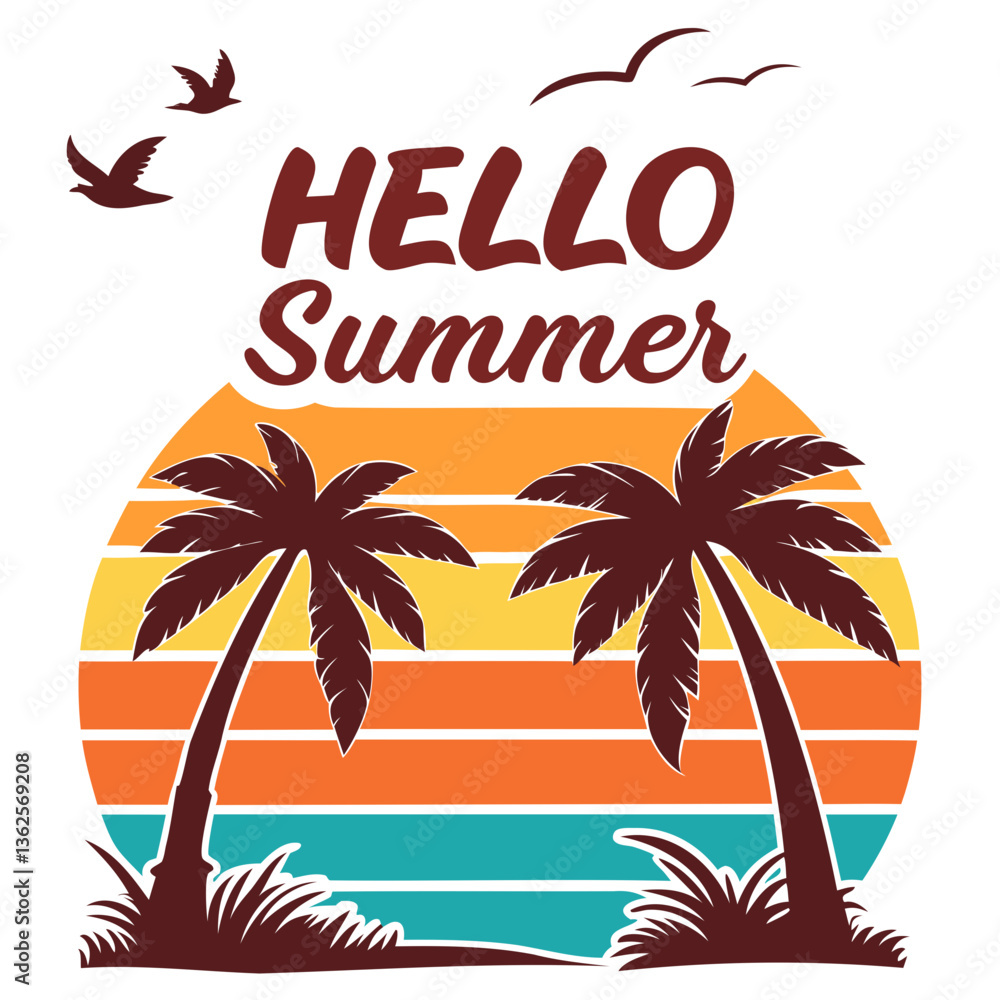 Naklejka premium Summer beach holiday with palm trees and sunset over the ocean